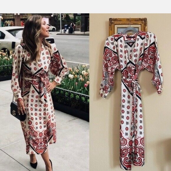 Zara Satin Elegant Red and White Patterned Dress - Picture 5 of 7